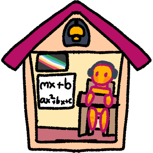 a small yellow/cream colored building with a red/pink roof and a bell underneath the roof. there's an emoji-yellow person with headphones sitting in a chair at a desk, the disability pride flag on the wall and beneath that are two math equations on a white board.